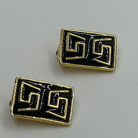Vintage Gold & Black  Earrings Enamel Greek Key Clip-On 1980s Designer Statement - Picture 8 of 14